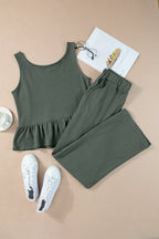 Duffel Green Solid Color Ribbed Ruffle Tank Top and Pants Set