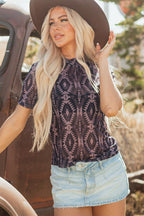 Brown Aztec Print Mock Neck Short Sleeve Mesh T Shirt
