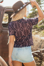 Brown Aztec Print Mock Neck Short Sleeve Mesh T Shirt