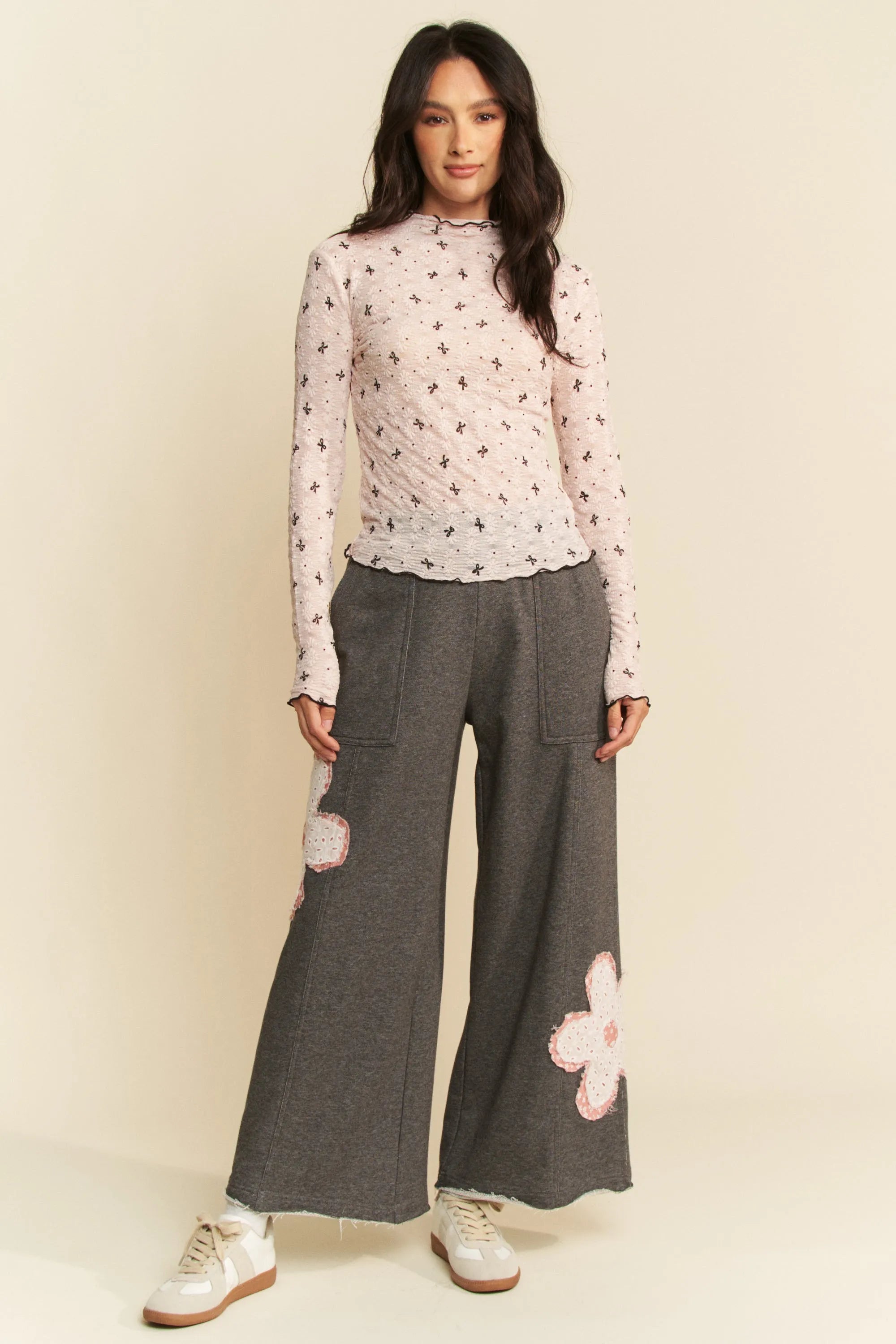 Davi & Dani Ribbon Bow Lace Hem Long Sleeve Mesh Layering Top