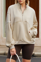 Black Half Zip Stand Collar Exposed Seam Solid Color Casual Sweatshirt