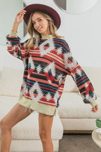 BiBi Aztec Print Mirr Mock Neck Lslv Top