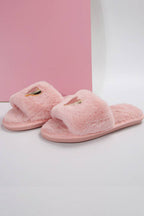 Parchment Heart Shape Buckle Decor Open Toe Plush Slippers