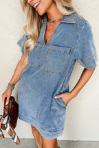 Blue Short Sleeve Collared Chest Pocket Denim Mini Dress