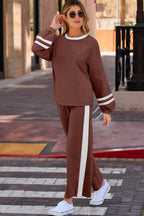 Gray Varsity Stripe Patchwork Puff Sleeve Pullover Drawstring Wide Leg Pant Set