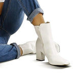 New Mysoft Womens Size 8 White Faux Leather 3" Block Heel Zip Ankle Boots w Flaw