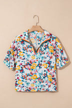 Peacock Blue Floral Print Slit V Neck Short Sleeve Blouse
