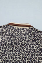 Khaki Leopard Print Half Zip Striped Trim Patchwork Short Sleeve Top
