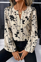 Khaki Botanical Floral Print Split Neck Long Sleeve Blouse