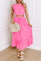 Bonbon Textured Ruffle Trim Crop Top and Drawstring Skirt Set