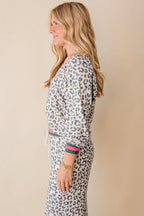 Gray V Neck Leopard Long Sleeve Top Striped Webbing Patchwork Drawstring Pant Set