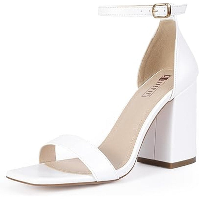 Idifu Womens Size 9 White Faux Leather 4" Block Heel Open Toe Ankle Strap Shoes