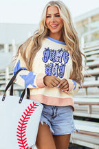 Beige Game Day Graphic Starry Patched Sleeve Contrast Trim Casual Sweatshirt