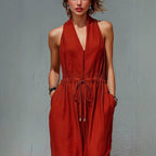 Women's Sleeveless Halter Neck Solid Color Long Jumpsuit