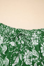 Green Floral Print Shirred Crop Top and High Waist Midi Skirt Set