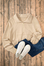 Smoke Green Quarter Zip Stand Neck Kangaroo Pocket Sweatshirt