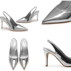 HeelChic Womens Size 6.5 Silver Mirror Slingback 4" Heel Pointy Toe Pumps Shoes