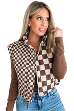 Brown Checkered Stand Collar Cropped Puffer Vest