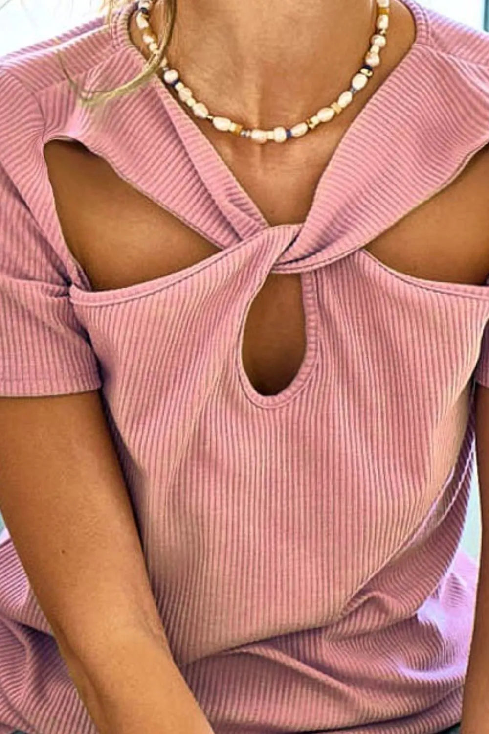 BiBi Rib Knit with Cut Out and Front Twist Detailed Top