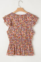 Red Floral Print Knot V Neck Ruffled Sleeve Blouse