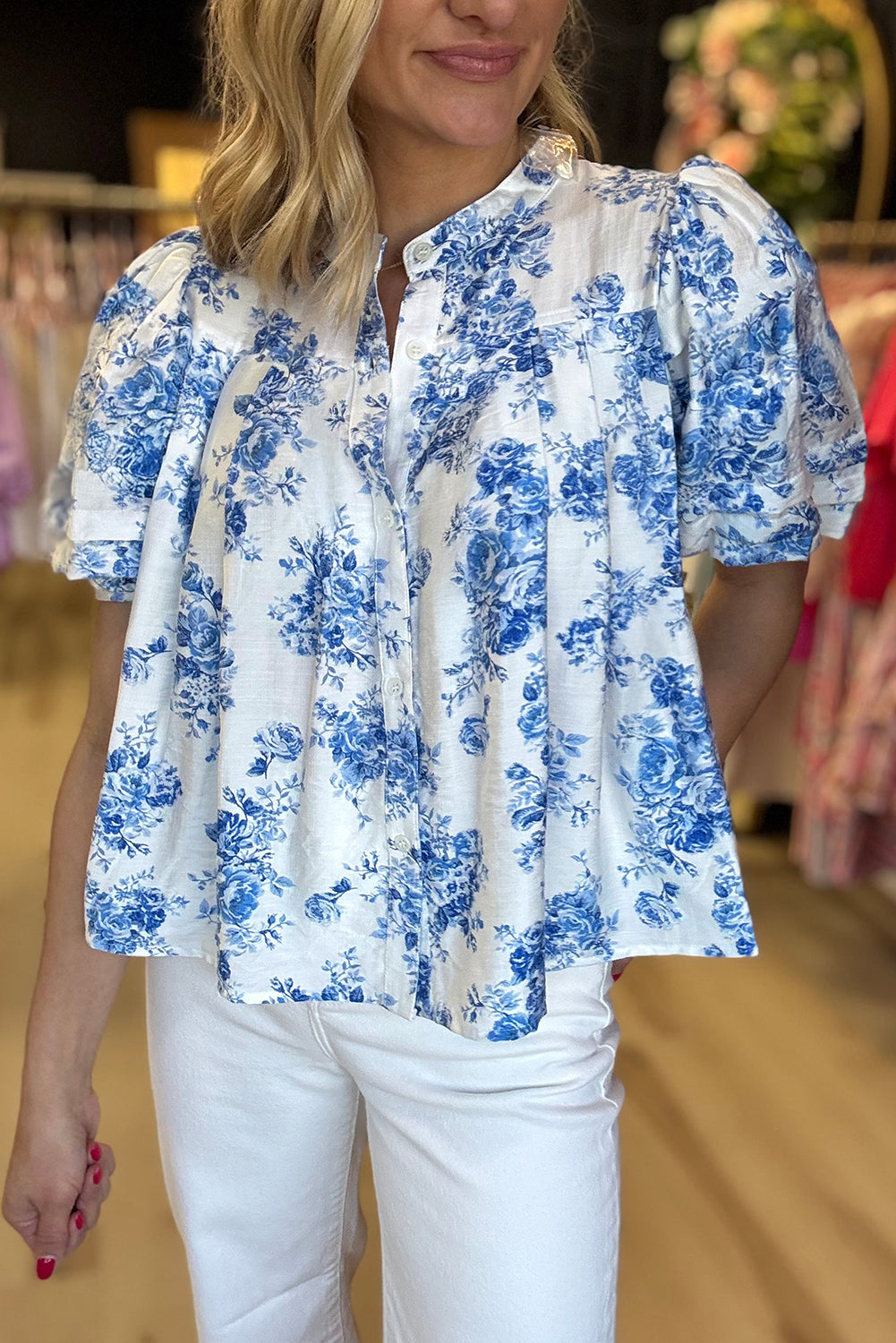 Sky Blue Floral Tiered Puff Short Sleeve Pleated Bust Buttoned Casual Shirt