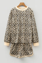 Brown Leopard Print Contrast Trim Long Sleeve Pullover Drawstring Shorts 2pcs Outfit