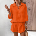 Women's Lapel Collar Double-Panel Shirt & Shorts Two-Piece Set