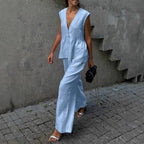 Women’s Cotton V-Neck Sleeveless Vest and Wide-Leg Pants Set