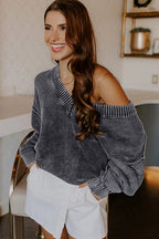 Black Mineral Wash V Neck Knit Exposed Seam Drop Shoulder Loose Sweater