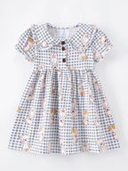 Children's Gingham Teddy Bear Print Peter Pan Collar Dress