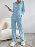 Ribbed Knit V-Neck Top and Pants Set