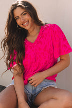 Rose Leopard Frilly V Neck Short Sleeve Blouse