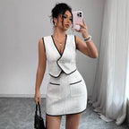 Sleeveless Irregular Top & Color-Block Pocket A-Line Skirt Set