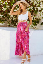 Purple Tiered Paisley Print Pocketed Maxi Skirt
