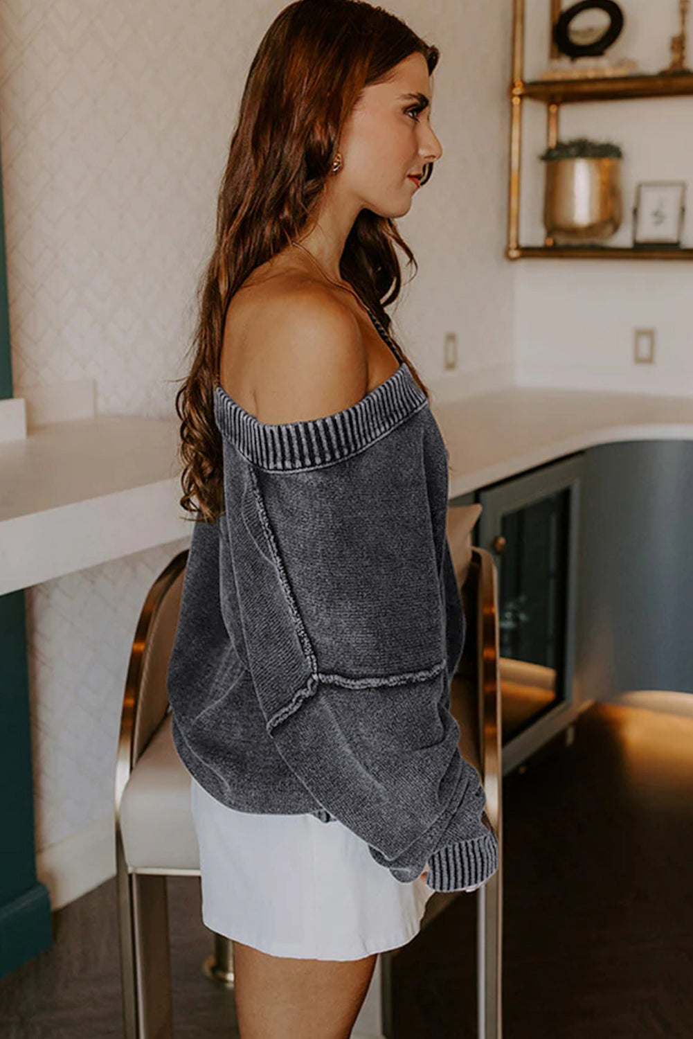 Black Mineral Wash V Neck Knit Exposed Seam Drop Shoulder Loose Sweater