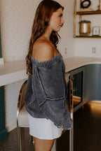 Four Leaf Clover Mineral Wash V Neck Knit Exposed Seam Drop Shoulder Loose Sweater