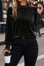 Black Frilled Collared Smocked Cuffs Puff Sleeve Velvet Blouse
