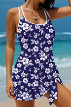 Blue Crossed Back Floral Print Asymmetric Knot Side One Piece Swimsuit