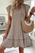 Simply Taupe Bohemian Print V-Neck Flutter Sleeve Ruffle Mini Dress