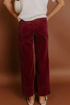 Burgundy Corduroy Solid Color High Waist Wide Leg Pants
