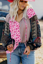 Pink Boho Mixed Floral Drop Shoulder Bubble Sleeve Blouse