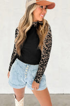 Smoke Gray Floral Lace Patchwork Long Sleeve High Neck Slim Top