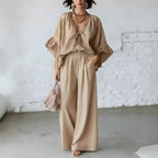 Women's Loose-Fit V-Neck Top & Wide-Leg Pants Two-Piece Set
