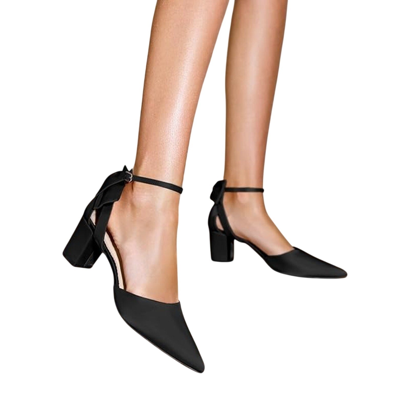 Coutgo Womens 7.5 Black 2.5" Heels Back Bow Closed Pointed Toe Ankle Strap Shoes
