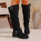 Pleated Flat-Bottom Western Cowboy Boots with Belt Buckle