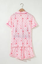 Pink Bow Print Contrast Pipping Short Pajamas Set