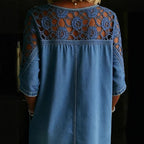 Women’s Loose Fit Hollow-Out Lace Denim Shirt