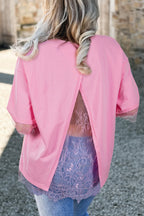 Pink Eyelash Floral Lace Patchwork Half Sleeve Oversize Tee