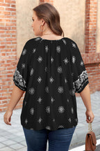 Yellow Boho Chic Notched V Neck Plus Floral Short Sleeve Top