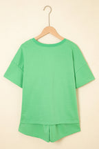 Mint Green V Neck Drop Shoulder Tee and Patchwork Drawstring Shorts Set